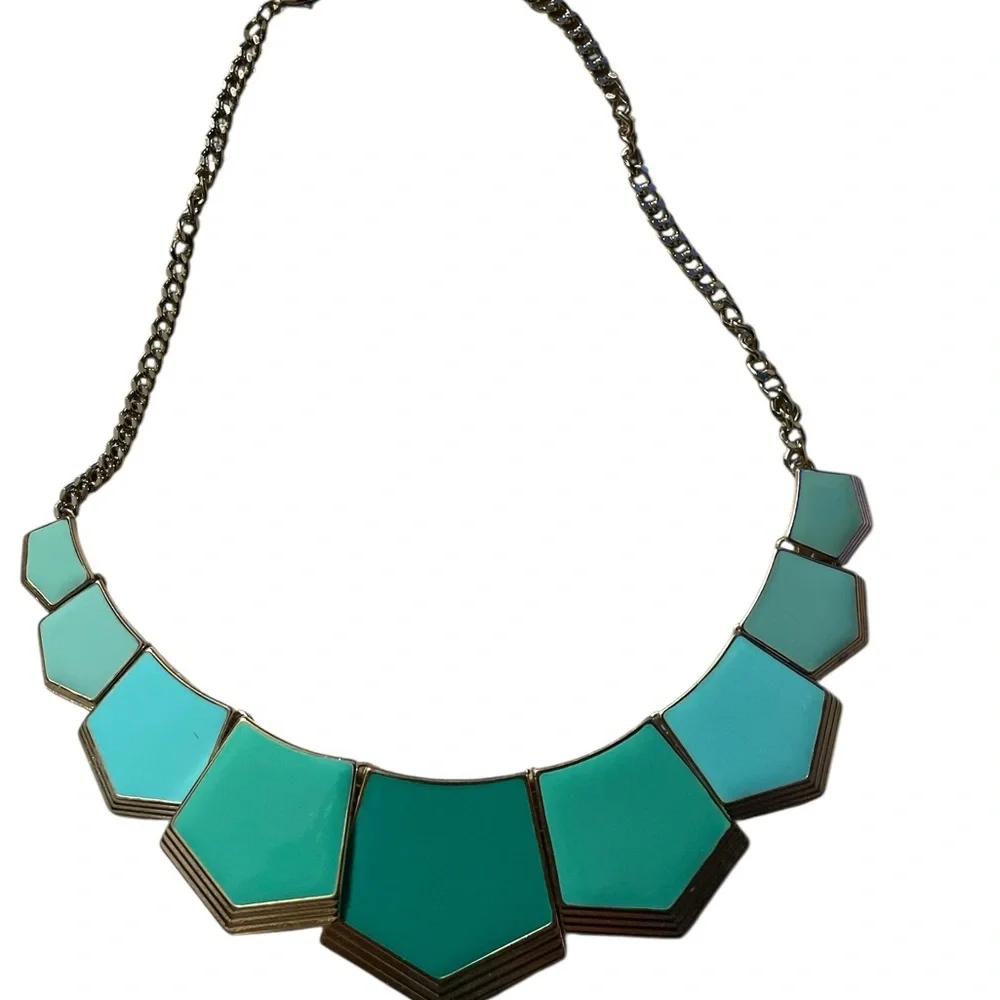 Y2K Boho Green & Blue Statement Necklace Gold Chain Adjustable Geometric